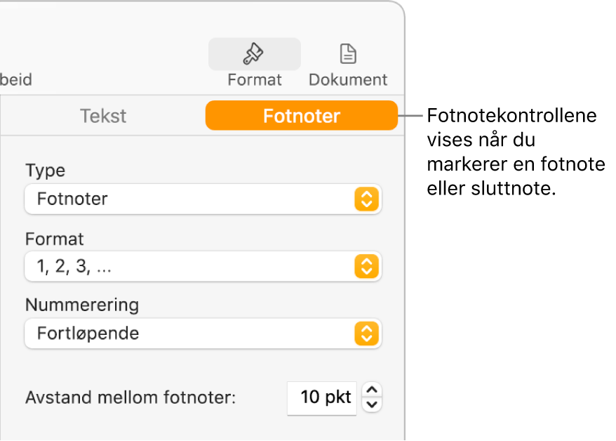 Fotnoter-panelet, som viser lokalmenyer for Type, Format, Nummerering og avstand mellom noter.