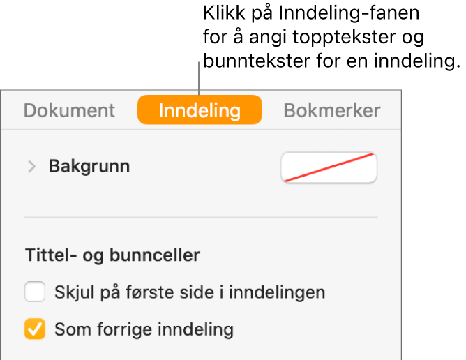 Dokument-sidepanelet med Inndeling-fanen øverst i sidepanelet markert. Topptekst og bunntekst-delen i sidepanelet har avkrysningsruter ved siden av «Skjul på første side i inndelingen» og «Som forrige inndeling».