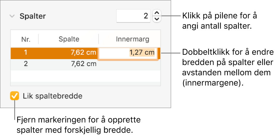 Layoutpanel for formatinspektøren, med spaltekontroller.