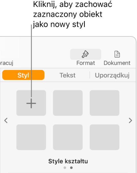 Karta Styl na pasku bocznym Format, zawierająca w lewym górnym rogu przycisk Utwórz styl, a obok pięć pustych pól przeznaczonych na style.