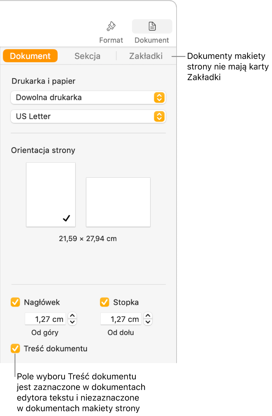 Pasek boczny Format z widocznymi na górze kartami Dokument, Sekcja oraz Zakładki. Zaznaczona jest karta Dokument. Obok karty Zakładki widoczny jest opis informujący, że dokumenty makiety strony nie mają karty Zakładki. Pole wyboru Treść dokumentu jest zaznaczone, co wskazuje również, że jest to dokument edytora tekstu.