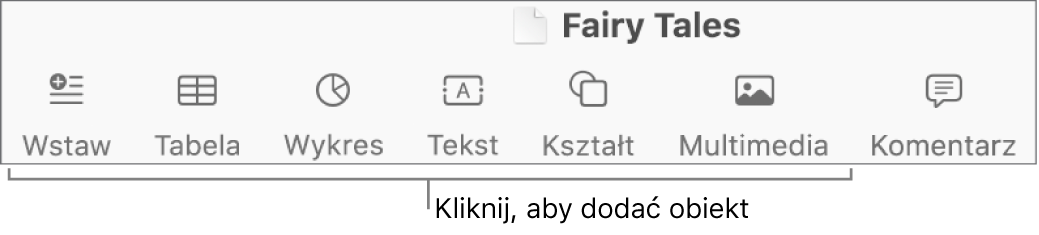 Pasek narzędzi z przyciskami dodawania tabel, wykresów, tekstu, kształtów i multimediów.