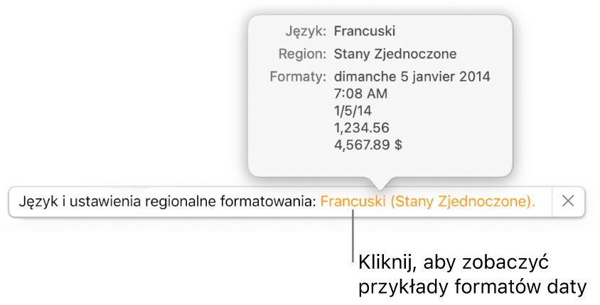 Powiadomienie o różnicy ustawień dotyczących języka i regionu, pokazujące przykłady formatowania używanego w wybranym języku i regionie.