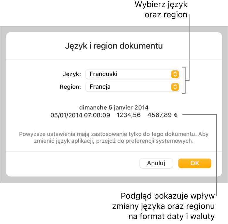 Panel Język i region z narzędziami do ustawień języka i regionu, a także przykład formatu zawierający datę, czas, liczbę dziesiętną oraz walutę.