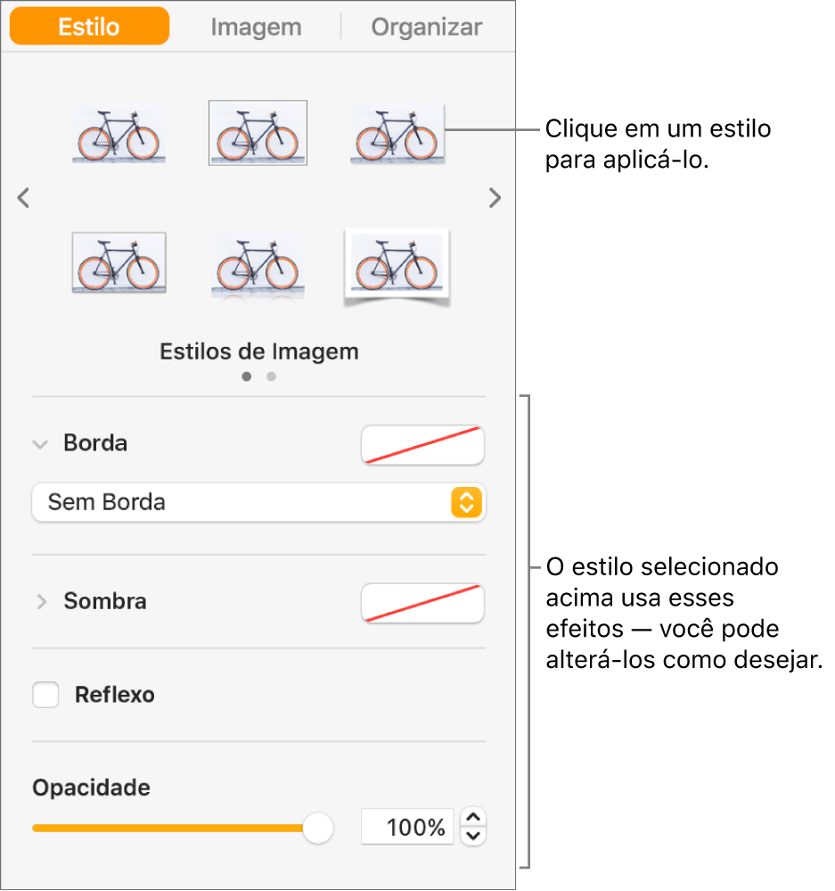 Aba Estilo, na barra lateral Formatar, mostrando opções de estilo de objeto.