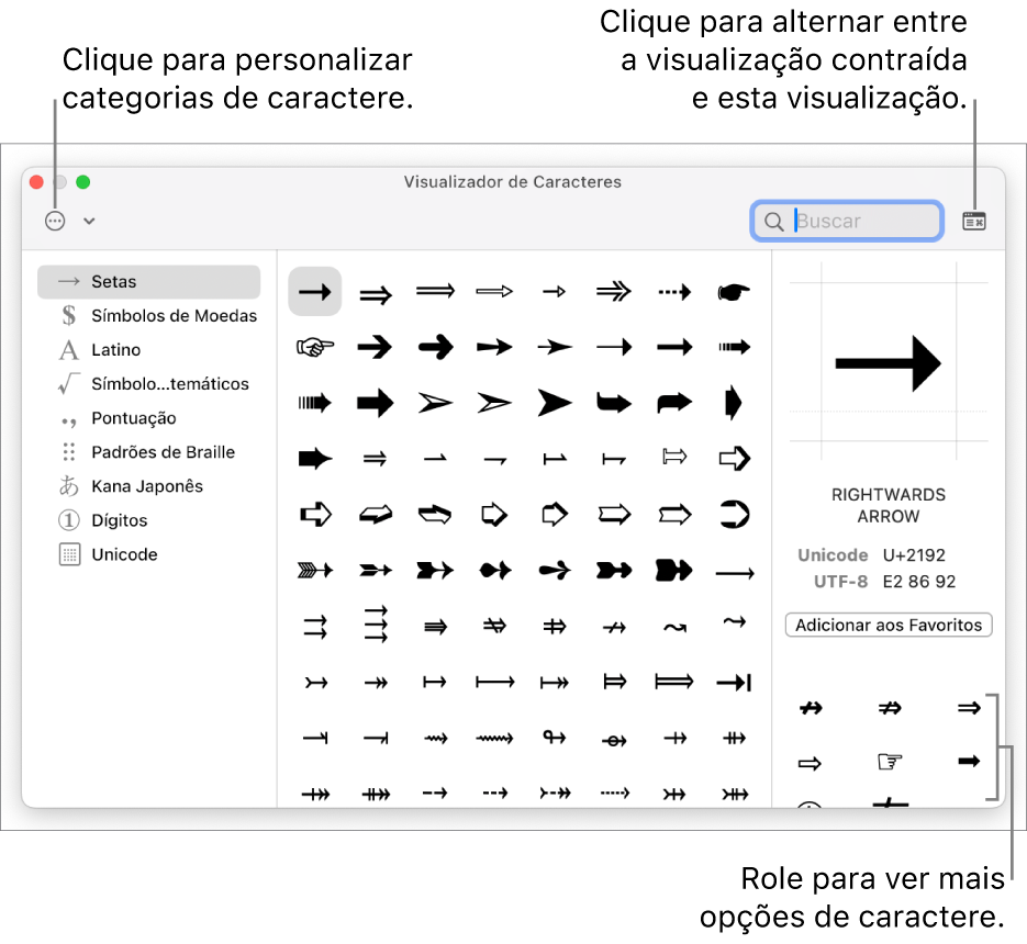 O Visualizador de Caracteres expandido mostrando símbolos e caracteres especiais, um menu para cada diferente categoria de símbolos à esquerda e um botão no canto superior direito que permite retornar à visualização contraída.