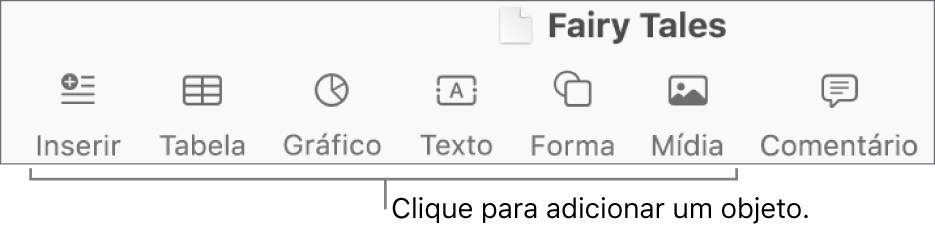 Barra de ferramentas com botões para adicionar tabelas, gráficos, texto, formas e mídia.