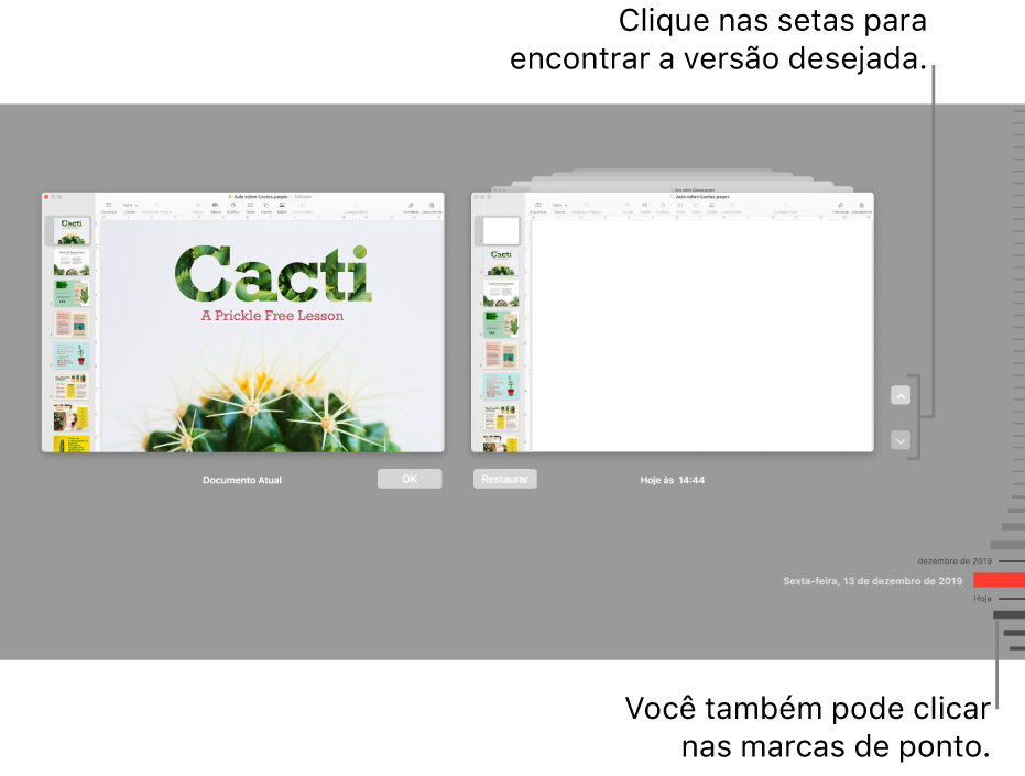 Linha do tempo da versão mostrando o documento atual à esquerda e uma versão recente à direita.