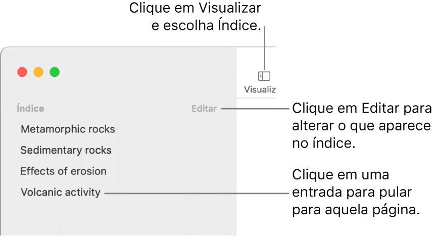 Índice no lado esquerdo da janela do Pages, com um botão Editar no canto superior direito da barra lateral e as entradas do índice em uma lista. O botão Visualizar está no canto superior esquerdo da barra de ferramentas do Pages, acima da barra lateral.