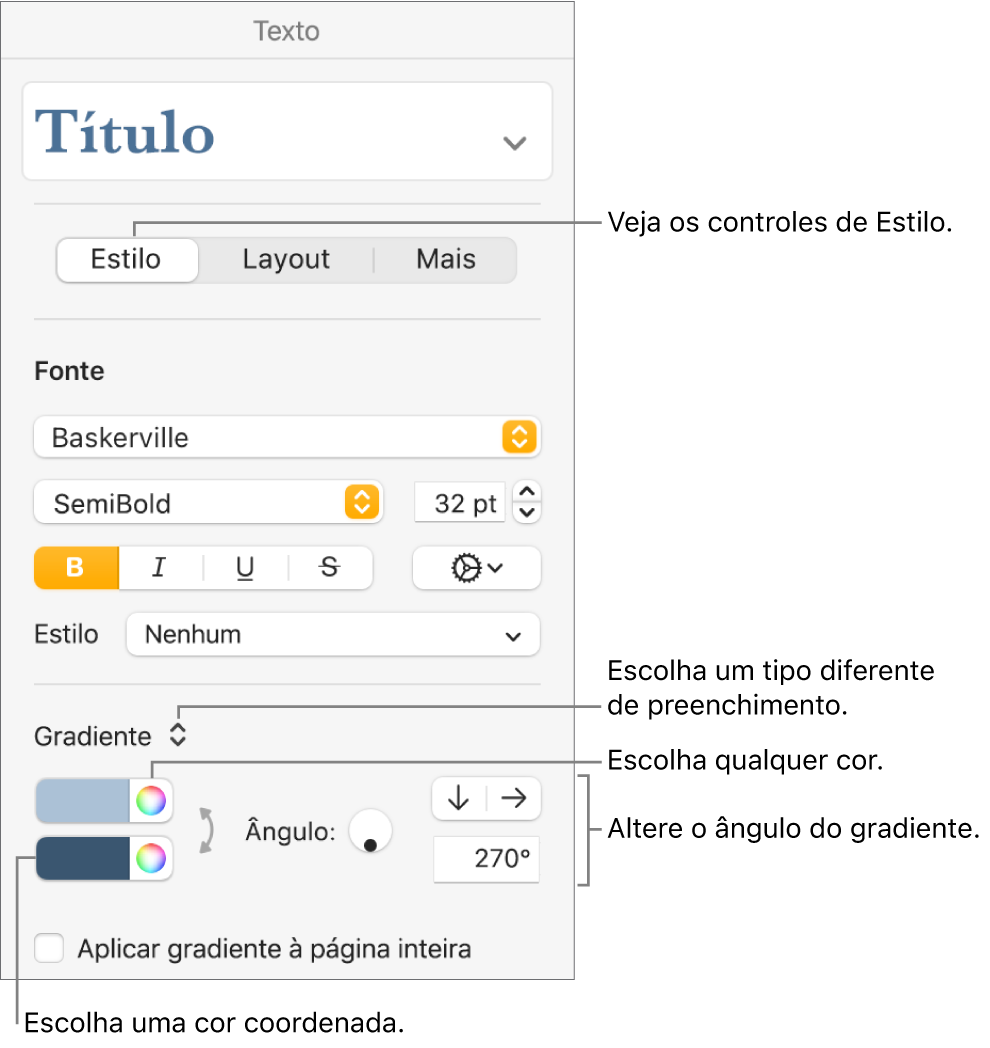 Controles para a escolha de cores prontas ou qualquer cor.