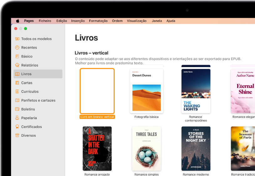 A lista de modelos com "Livros” selecionado na lista de categorias à esquerda e os modelos de livros na orientação vertical à direita.