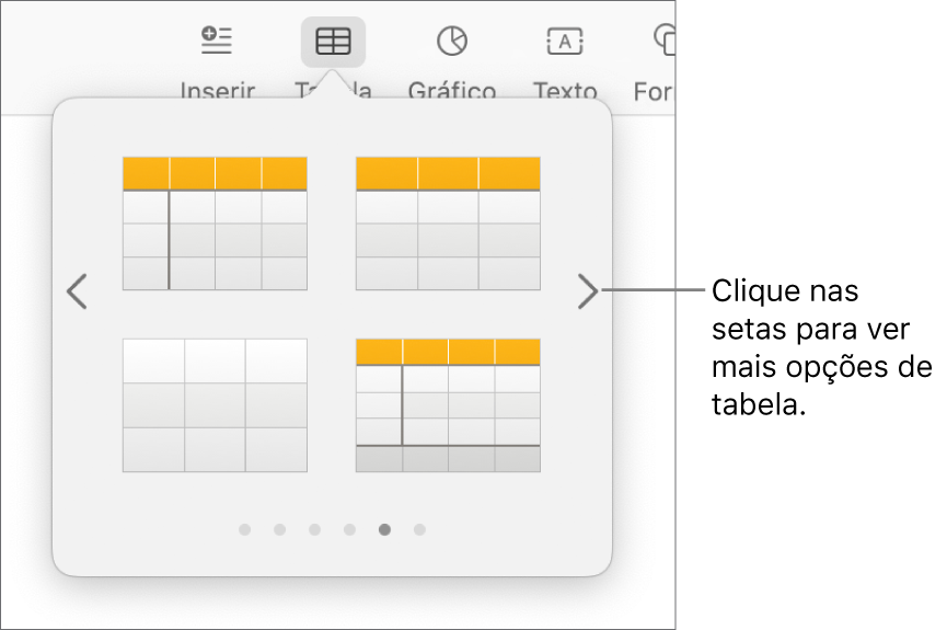 O menu “Adicionar tabela” com as setas de navegação.