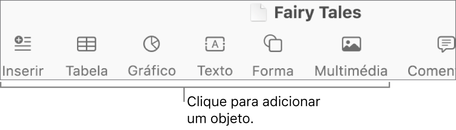 Barra de ferramentas com botões para adicionar tabelas, gráficos, texto, formas e multimédia.