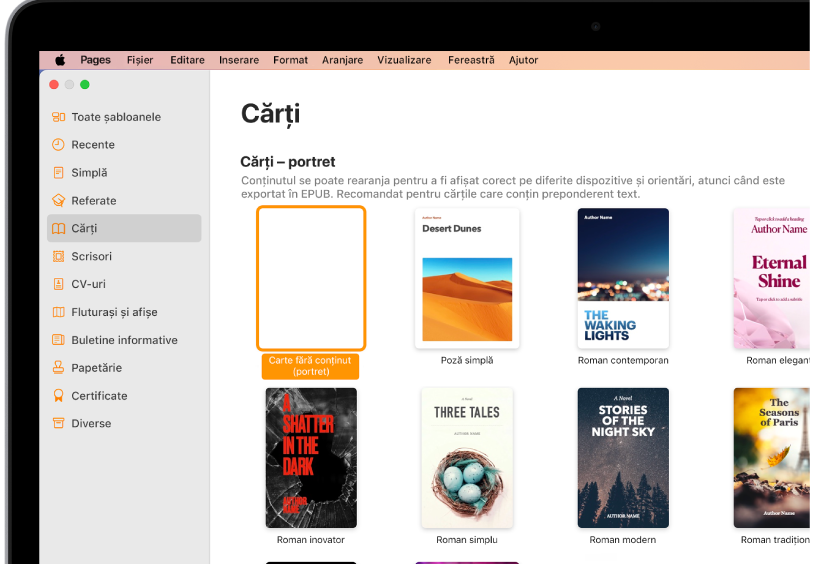 Selectorul de șabloane cu Cărți selectat în lista de categorii din stânga și șabloanele de carte în orientarea portret în dreapta.
