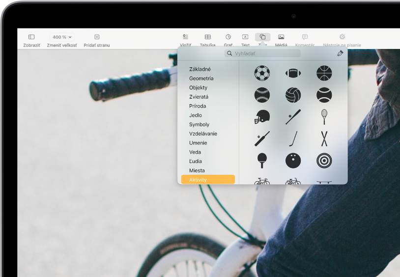 Panel s nástrojmi s tlačidlami na pridávanie tabuliek, grafov, textových polí, tvarov a médií. Je vybratý tvar a zobrazuje sa kategória Aktivity označená na postrannom paneli naľavo a tvary napravo.