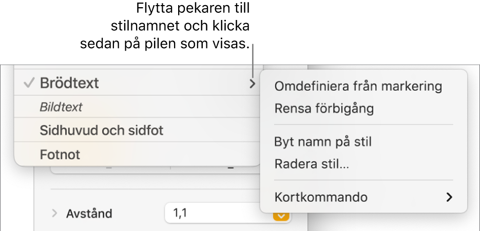 Menyn Styckestilar med öppen kontextmeny.