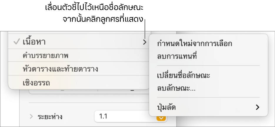 เมนูลักษณะย่อหน้าที่มีเมนูลัดเปิดอยู่