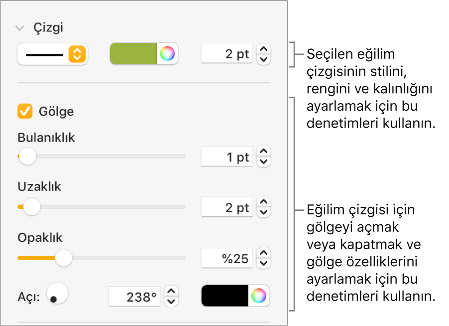 Eğilim çizgilerinin görünümünü değiştirmeye yönelik kenar çubuğu denetimleri.