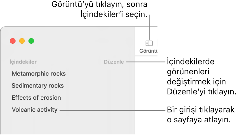 Kenar çubuğunun sağ üst köşesinde Düzenle düğmesi ve listede içindekiler girişleri ile Pages penceresinin sol tarafındaki içindekiler. Görüntü düğmesi, Pages araç çubuğunun sol üst köşesinde, kenar çubuğunun üstündedir.