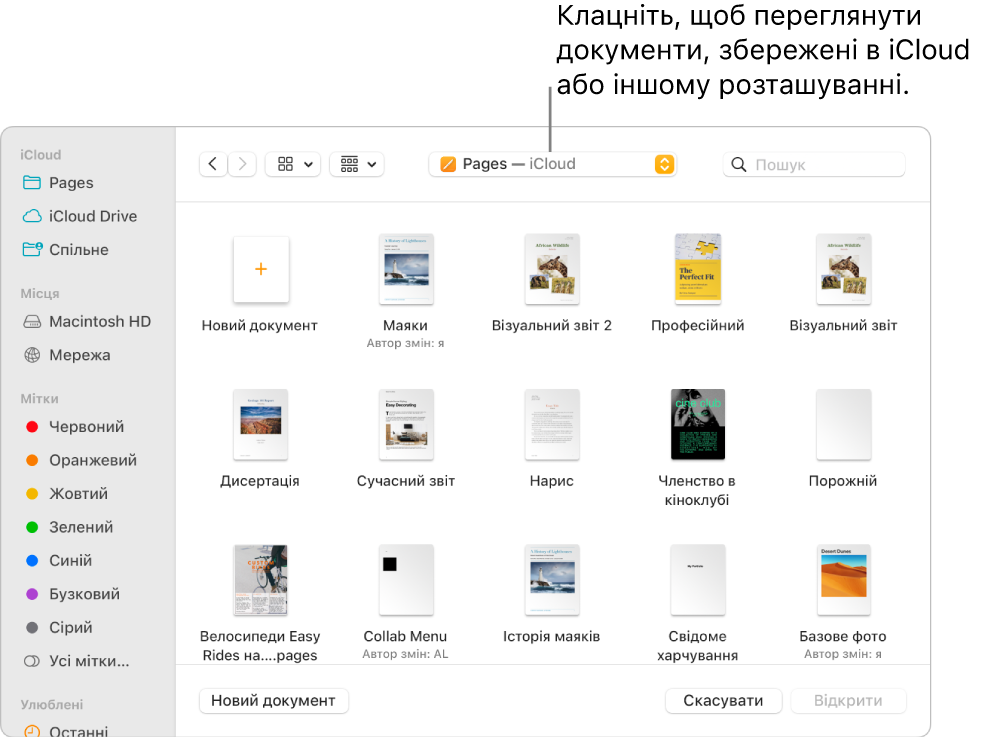 Діалогове вікно «Відкрити» з відкритою лівою бічною панеллю та вибраною іконкою iCloud Drive у спливному меню вгорі. У діалоговому вікні біля кнопки «Новий документ» також відображено папки Keynote, Numbers і Pages.