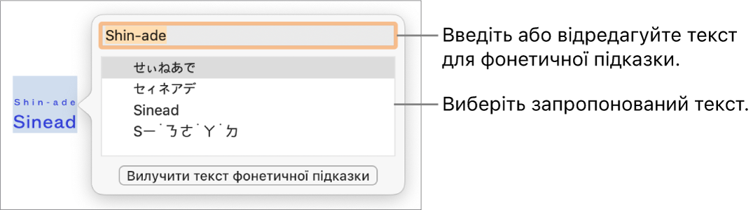 Фонетична підказка для слова з виносками на текстове поле й варіанти тексту.