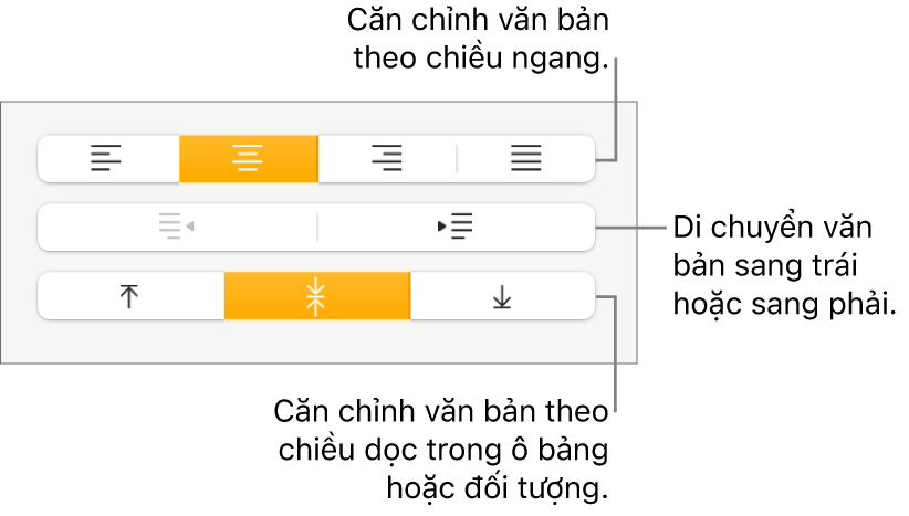 Khung Căn chỉnh với các lời nhắc đến các nút căn chỉnh văn bản và giãn cách.