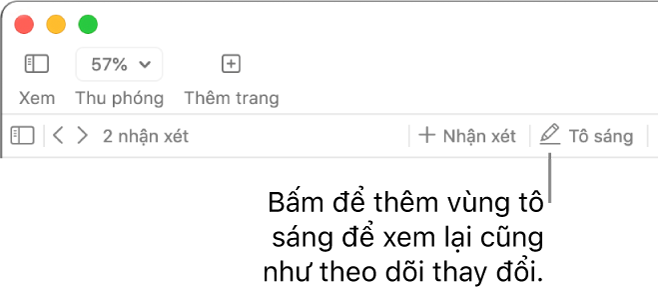 Thanh menu đang hiển thị menu Chèn và bên dưới đó là thanh công cụ Pages với các công cụ kiểm tra đang hiển và chỉ thị nút Tô sáng.