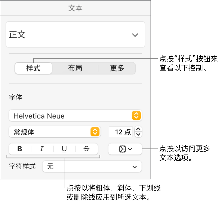 “格式”边栏中的“样式”控制，其中标注框指向“粗体”、“斜体”、“下划线”和“删除线”按钮。