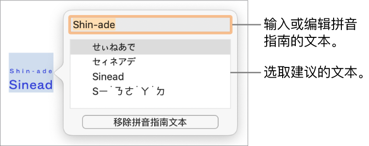 打开的拼音指南，字词的文本栏和建议的文本栏带有标注框。