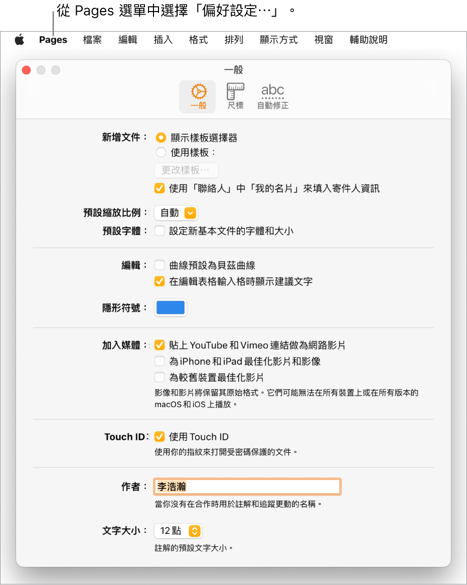 Pages「設定」面板開啟至「一般」標籤頁。