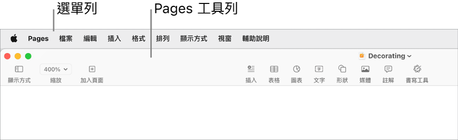 螢幕最上方的選單列，其中包含「蘋果」、Pages、「檔案」、「編輯」、「插入」、「格式」、「排列」、「顯示方式」、「分享」、「視窗」和「輔助說明」選單。選單列下方為打開的 Pages 文件，最上方分別為「顯示方式」、「縮放」、「加入頁面」、「插入」、「表格」、「圖表」、「文字」、「形狀」、「媒體」和「註解」工具列按鈕。