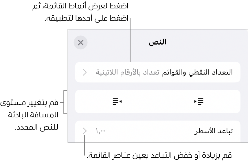 قسم التعداد النقطي والقوائم في عناصر التحكم في التنسيق مع وسائل شرح للتعداد النقطي والقوائم وزرا مسافة بادئة يسار ومسافة بادئة يمين وعناصر التحكم في تباعد الأسطر.