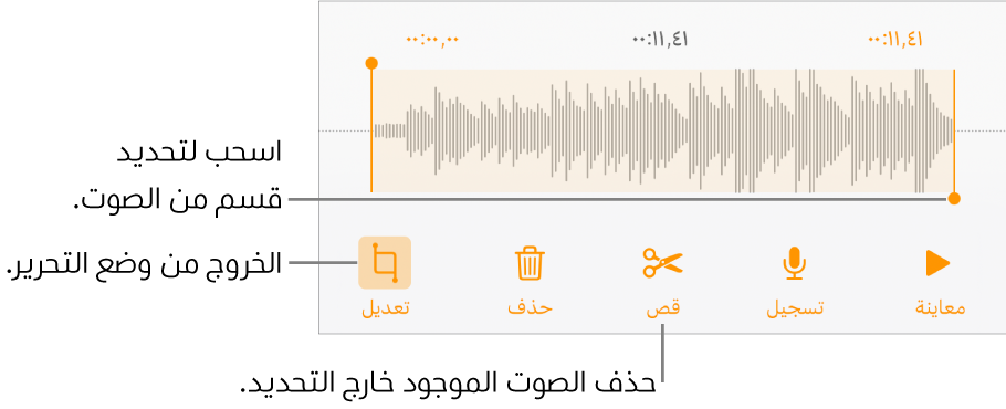 أدوات التحكم لتحرير الملف الصوتي المسجَّل. يوضح المؤشران القسم المحدد من التسجيل، وتوجد بالأسفل أزرار معاينة وتسجيل وقص وحذف ووضع التحرير.