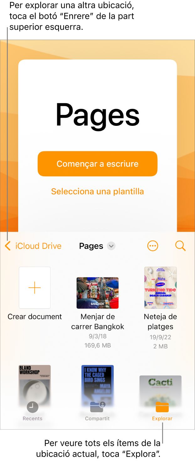 Vista d’exploració del gestor de documents amb el botó “Enrere” a l’angle superior esquerre i un camp de cerca a sota. A sota del camp de cerca hi ha el botó “Crea un document”, al costat de miniatures de documents existents. A l’angle superior dret hi ha els botons “Recents”, “Compartit” i “Explora”.