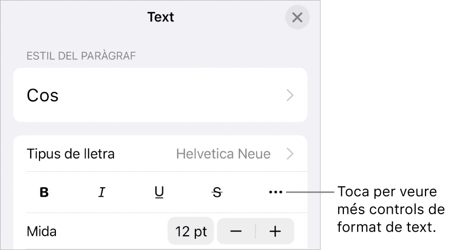 La pestanya Text dels controls de format amb una llegenda per al botó “Més opcions de text”.
