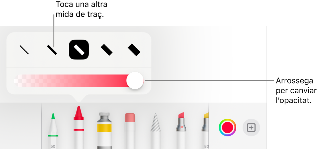 Controls per triar una mida de traç i un regulador per ajustar‑ne l’opacitat.