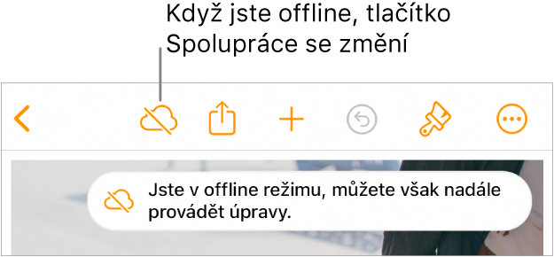 Tlačítka u horního okraje obrazovky, mezi nimiž je tlačítko Spolupráce změněné na ikonu mraku přeškrtnutého diagonální linkou. Na obrazovce se zobrazí upozornění „Jste v offline režimu, můžete však nadále provádět úpravy.“