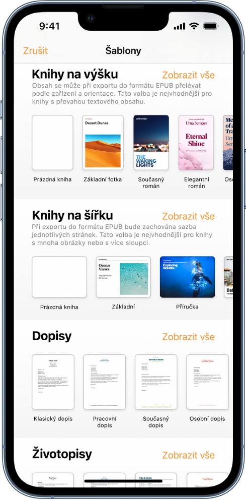 Výběr šablon, v horní části jsou šablony knih s orientací na výšku a v dolní části jsou šablony s orientací na šířku.