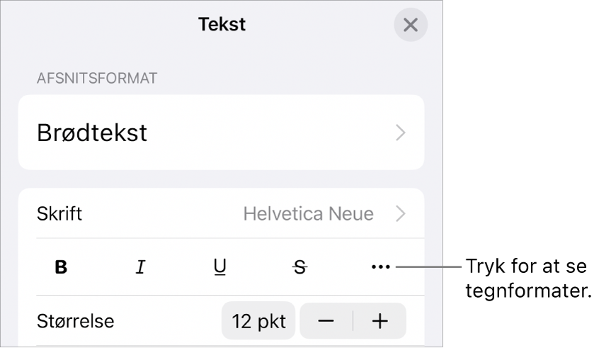 Betjeningsmulighederne til Format med knapperne Fed, Kursiv, Understreget, Gennemstreget og Flere tekstindstillinger.