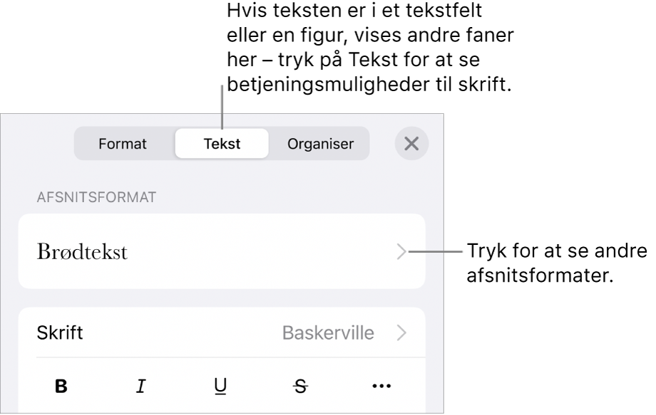 Menuen Format, der viser betjeningsmuligheder til tekst til indstilling af afsnits- og tegnformater, skrift, størrelse og farve.