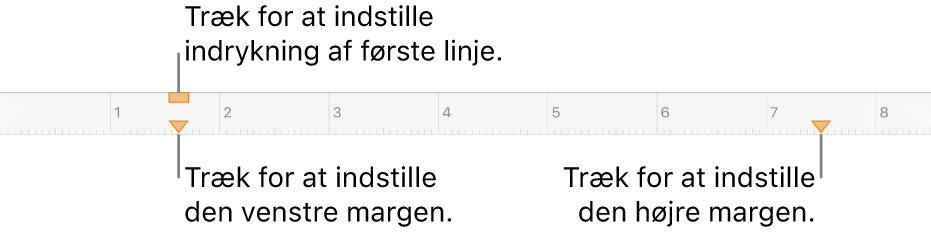 Linealen med billedforklaringer til mærkerne til venstre margen, indrykning af første linje og højre margen.