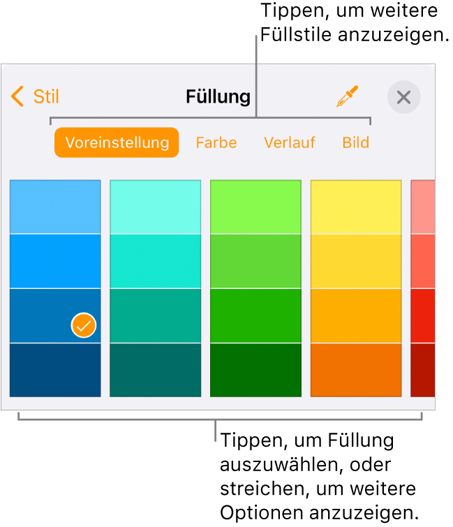 Fülloptionen im Tab „Stil“ der Taste „Format“