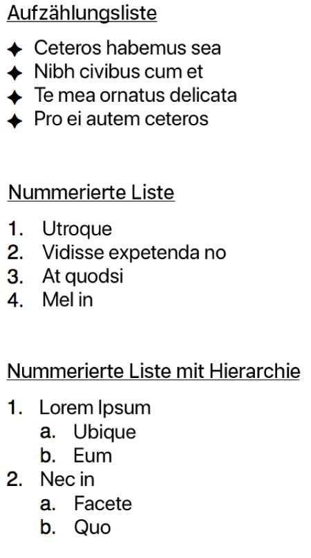 Beispiele für Listen mit Aufzählungspunkten, nummerierte Listen und hierarchische Listen