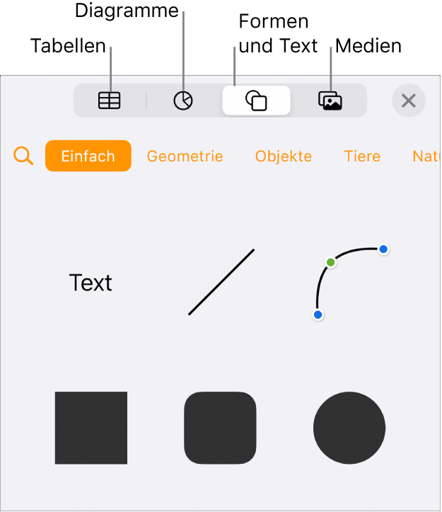 Die Steuerelemente „Einfügen“ mit Tasten zum Hinzufügen von Tabellen, Diagrammen, Text, Formen und Medien oben