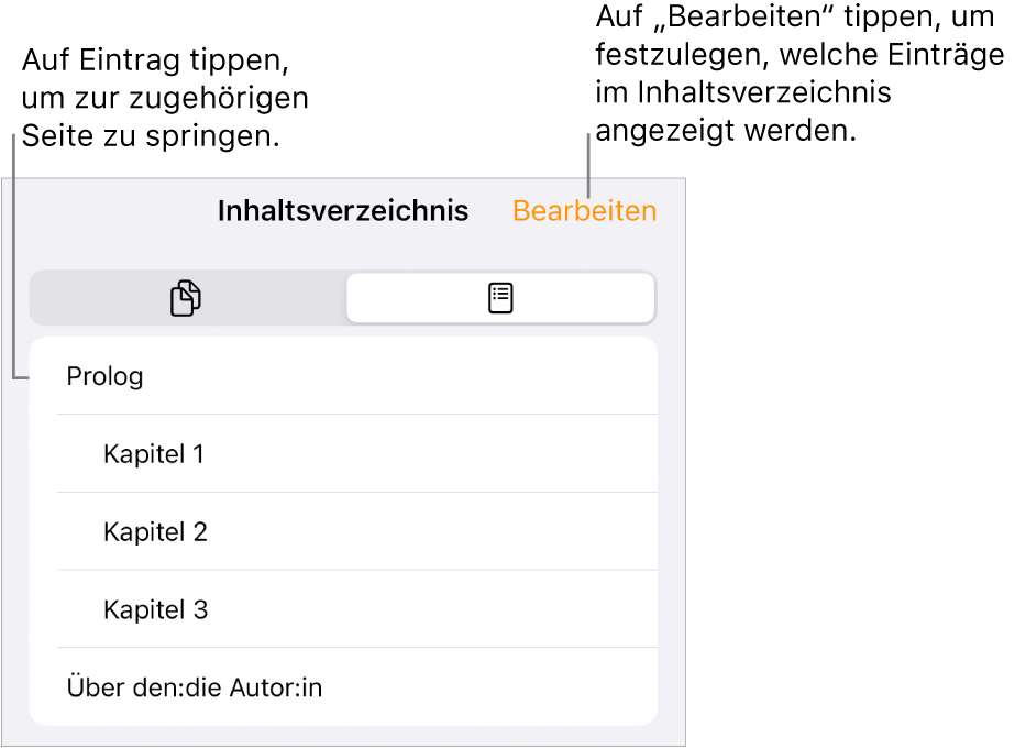 Das Inhaltsverzeichnis mit den Überschriften in Listenform. Die Taste „Bearbeiten“ befindet sich in der oberen rechten Ecke. Unten sind die Tasten „Seitenminiaturen“ und „Inhaltsverzeichnis“ zu sehen.