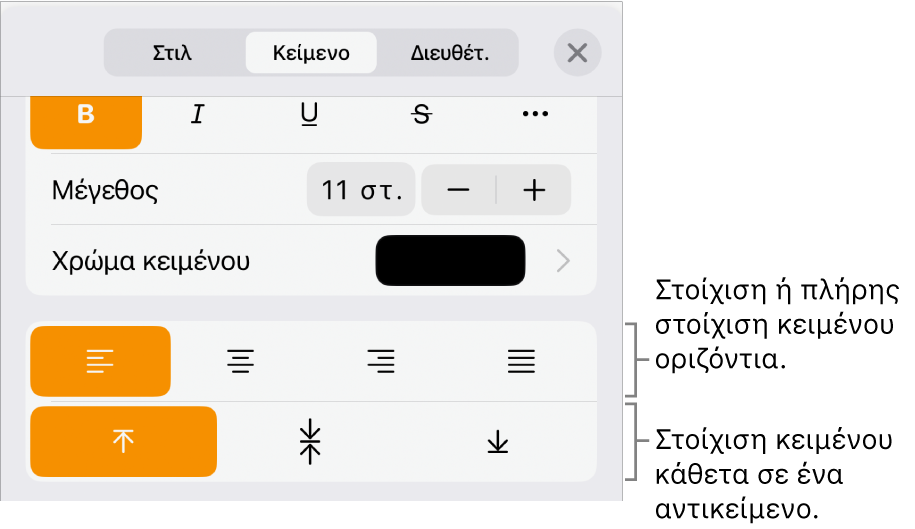 Το τμήμα «Διάταξη» με επεξηγήσεις στα κουμπιά στοίχισης και απόστασης κειμένου.