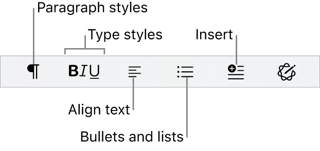 The Quick Format bar, showing icons for paragraph styles, type styles, text alignment, bullets and lists, and inserting elements.