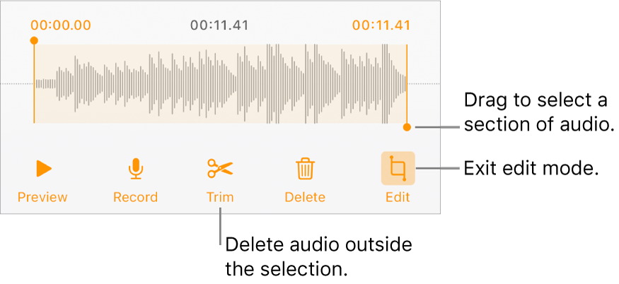 Controls for editing recorded audio. Handles indicate the selected section of the recording, and Preview, Record, Trim, Delete and Edit Mode buttons are below.