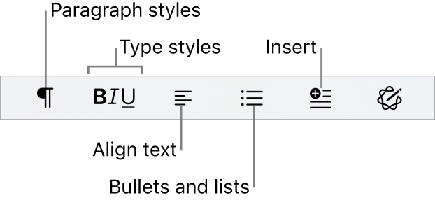 The Quick Format bar, showing icons for paragraph styles, type styles, text alignment, bullets and lists, and inserting elements.