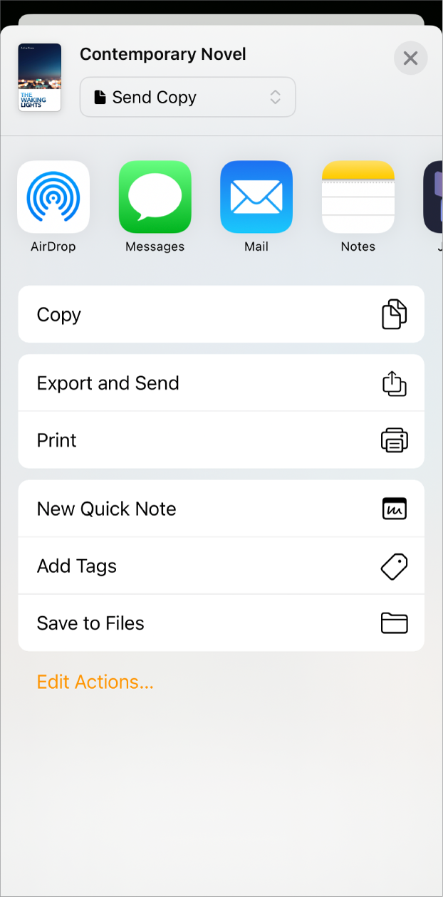 Share menu appears, with send options at the top, and Copy, Export and Send, Print, New Quick Note, Add Tags, and Save to Files options below.